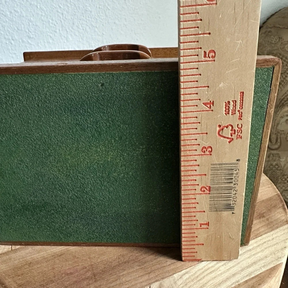 Vintage Wooden Jewelry Box 7x5x5 Inch Chest Checkered Inlay Drawers Green Lined